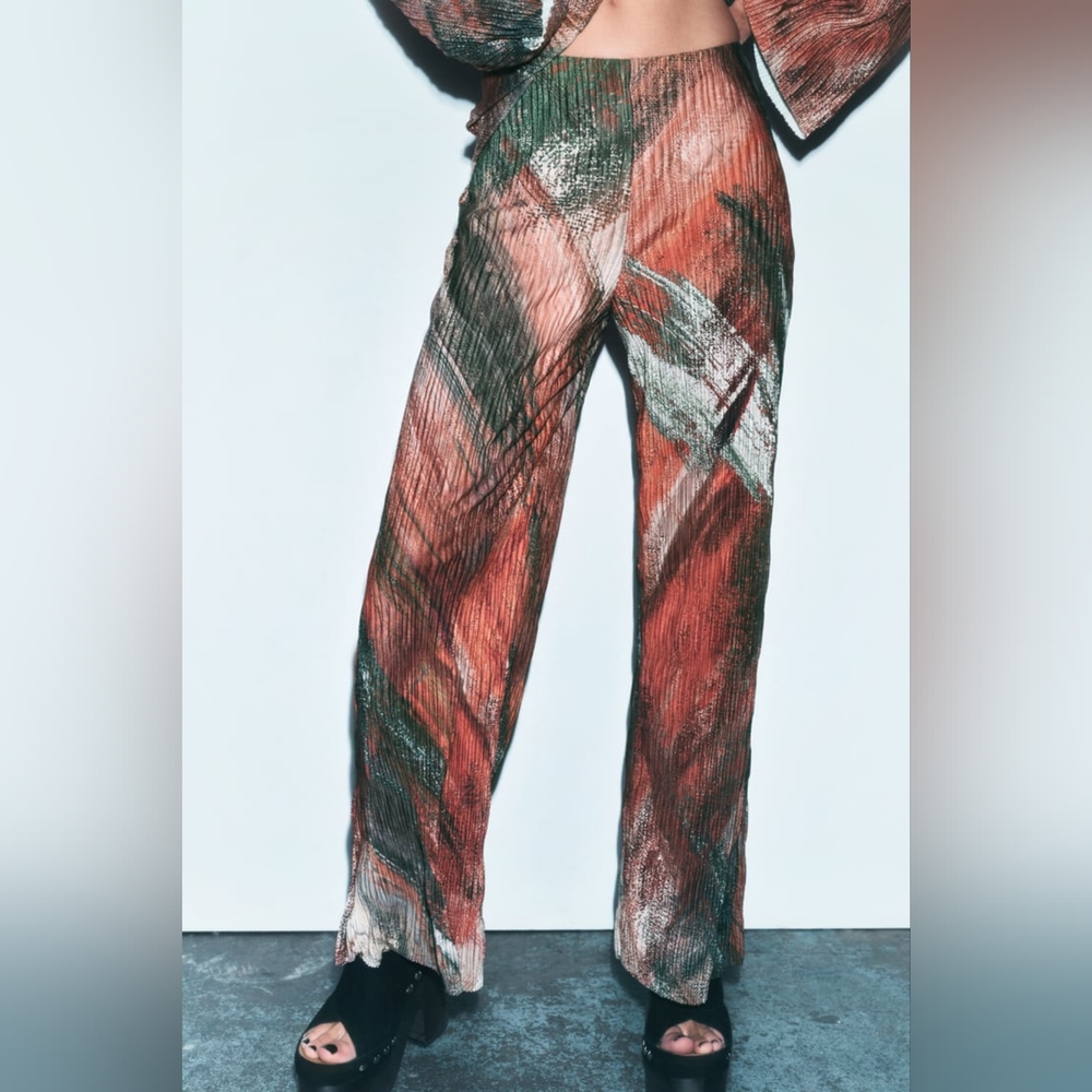 Cozy Abstract Printed Pleated Straight Wide-leg Pants By ZARA